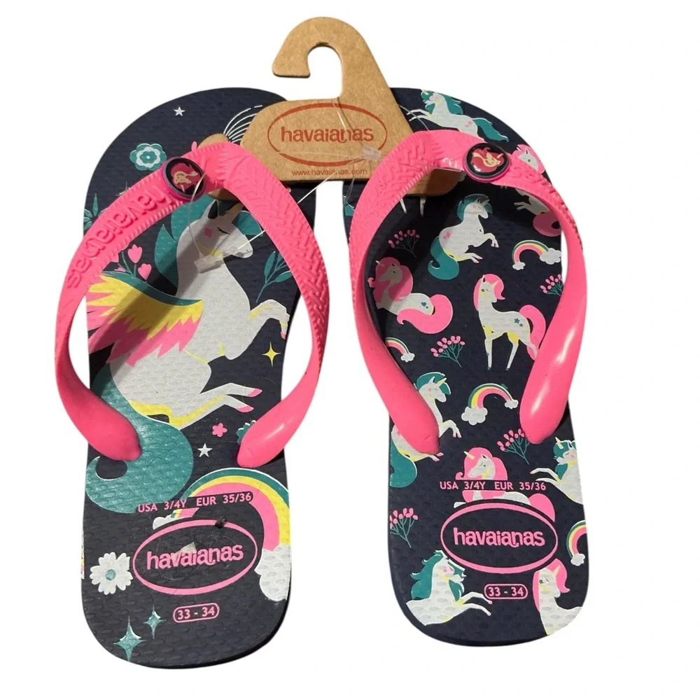 NWT Havaianas Kids Flip Flops -‎ Pink and Navy Unicorn Design size 33-34